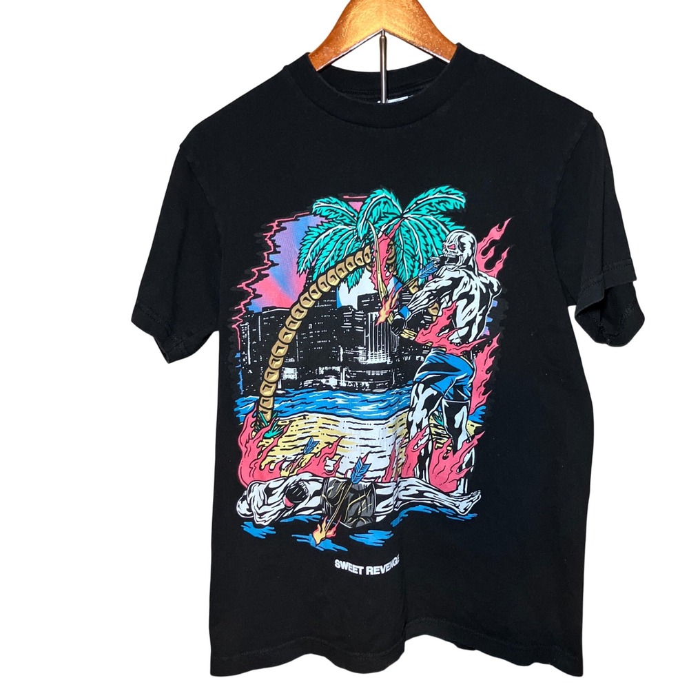 Sweet Revenge Graphic T-Shirt Mens Size M Black Skeleton Archer Tropical Beach